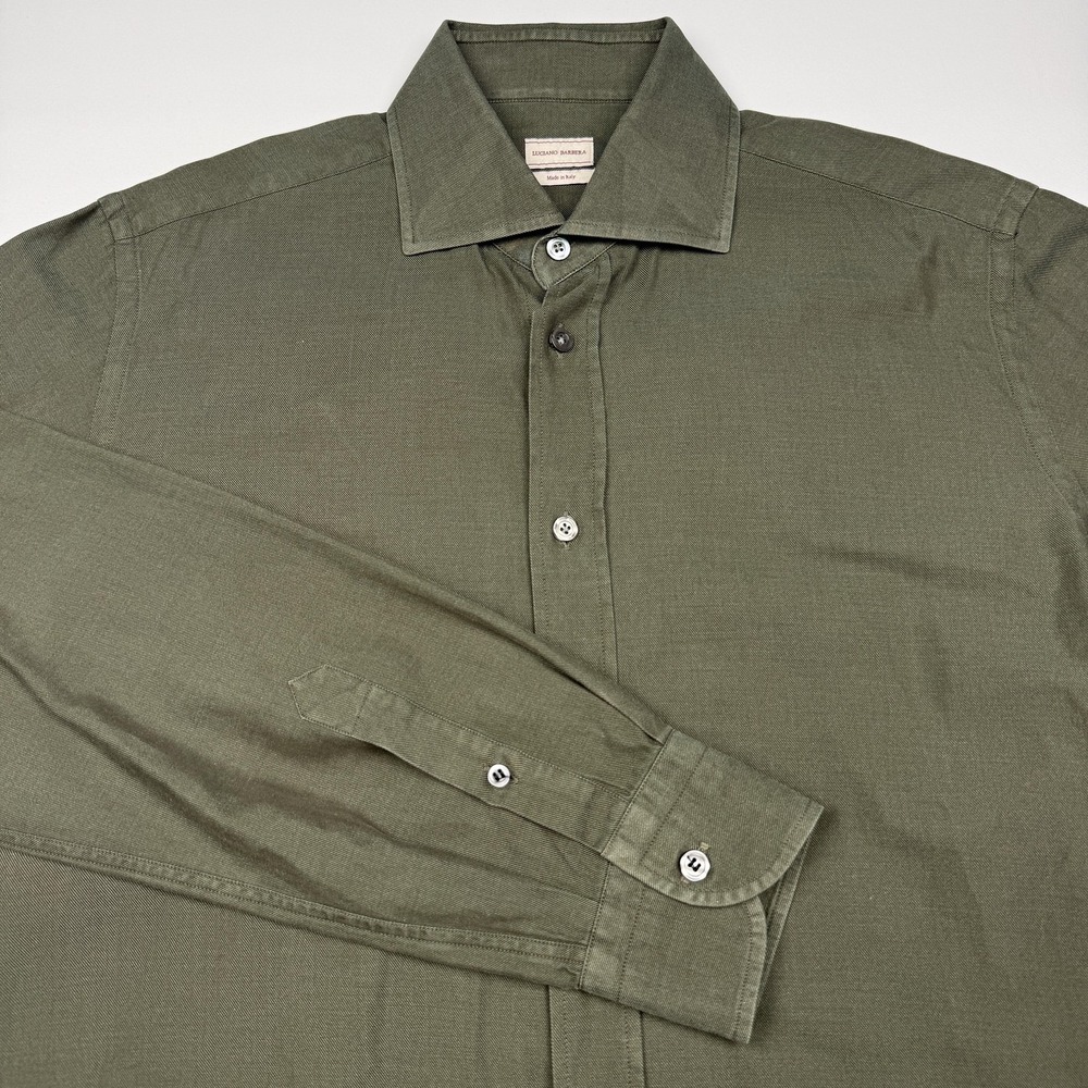 Luciano Barbera Shirt Mens M Green Twill Long Sleeve Button Up Made In Italy